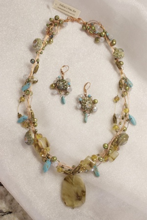Copper, Shell and Semi Precious Treasure Necklace & Earring Set by Felicia D. Roth