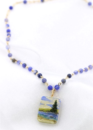 "Nature" Series - Handpainted Landscape Necklace with Blue Aget beads by Felicia D. Roth