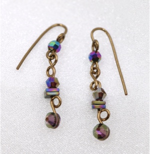 Metal, Glass & Crystal dangle earrings in purples & bronze by Felicia D. Roth