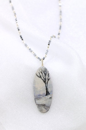 "Winter Wonder" Handpainted Tree Necklace with Hematite by Felicia D. Roth