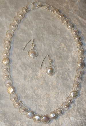 Freshwater Pearl Hand Crafted Metal Work Necklace & Earring Set