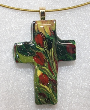 "Evening Tulips" Series - Hand Painted Floral Cross Necklace
